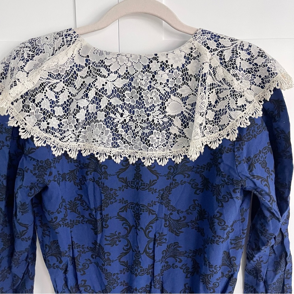 Vintage 1980s Gunne Sax Royal Blue Midi Dress with White Lace Collar - Picture 5 of 10